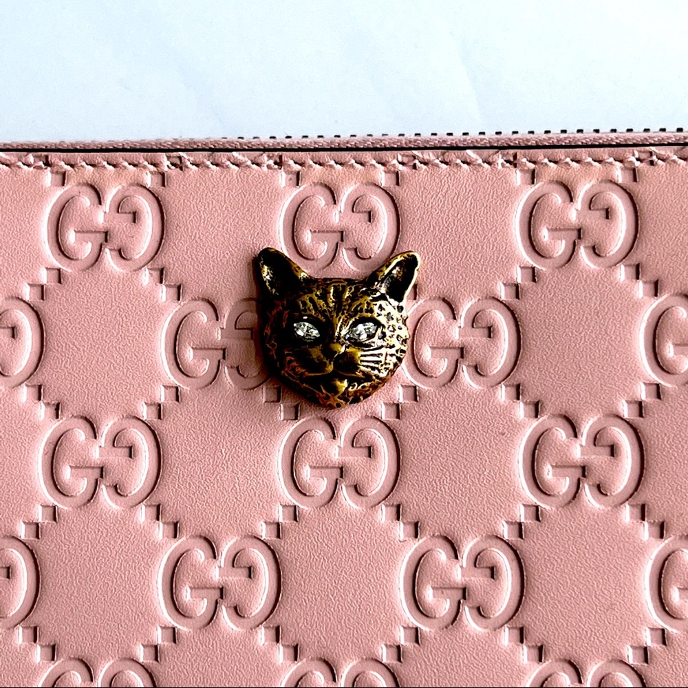 Gucci Cat Motif Continental Embossed GG Leather Zip Around Wallet in Pink - Picture 2 of 7